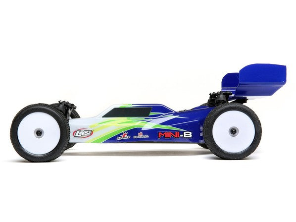 C-LOS01016T1  Mini-B: 1/16th 2wd Buggy Blue/White yellow and black