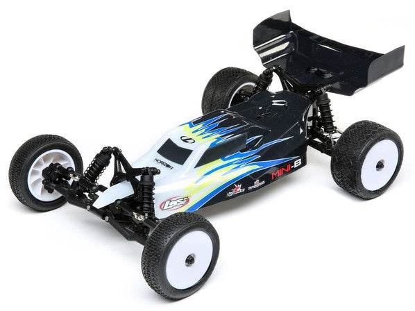 C-LOS01016T1  Mini-B: 1/16th 2wd Buggy Blue/White yellow and black
